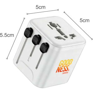 A white mini universal travel adapter with three plug options, featuring a logo and measuring 5cm x 5.5cm.