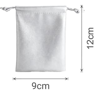 A white PU leather drawstring gift bag with dimensions of 9cm by 12cm, featuring a drawstring closure.