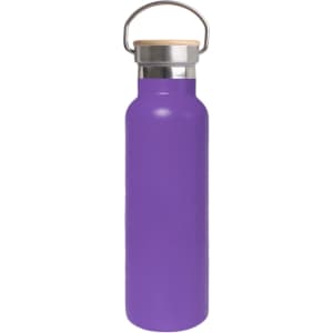 A drink bottle in vibrant purple with a bamboo lid and stainless steel accents, featuring a carrying handle.