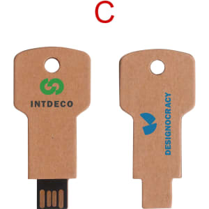A brown eco-friendly USB flash drive in a key shape with logos on both sides.