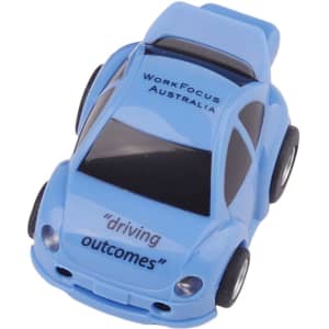 A blue car-shaped flash drive with black wheels and a logo on the side.