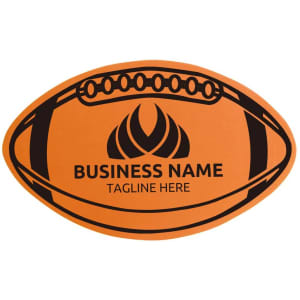 An orange foam rugby mitt with black accents and a logo. The design features the shape of a rugby ball.