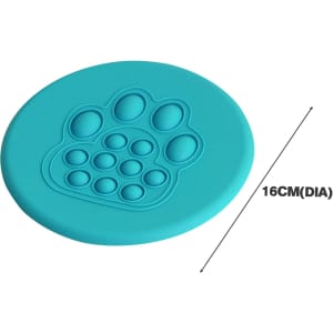 A teal silicone frisbee with a textured paw print design, 16 cm in diameter, featuring a branding logo.