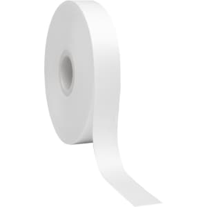 A roll of white cotton ribbon unspooling slightly, featuring a smooth finish and a cylindrical core.