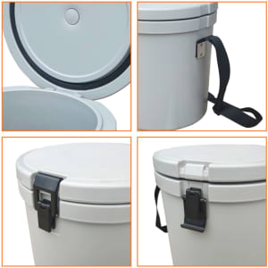 A 12L grey ice bucket featuring a handy rope and a secure lid with a clip closure. It has a logo on the side.