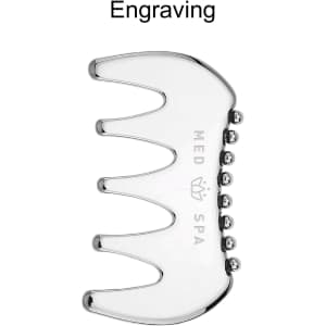 A 2 in 1 scraping board in shiny silver with a curved design and small balls along the edge. Features a logo.
