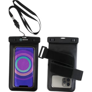 A waterproof phone bag in black with a clear front, featuring an adjustable strap and an arm band.