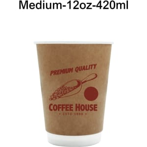 A brown kraft paper cup with a white interior, featuring a logo and a graphic of coffee beans.
