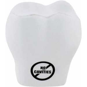 A white tooth-shaped stress reliever with a logo on its base, designed for fun and stress relief.
