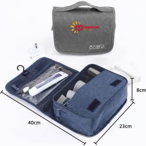 A grey travel hanging toiletry bag with compartments for toiletries, a hook, and a logo on the front.