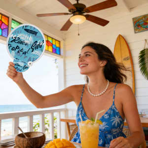 A 20cm foldable reflective fan featuring a tropical design, held by a woman in a blue floral dress, with drinks on the table.