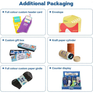 A variety of custom packaging options including gift boxes, envelopes, and a counter display with colourful designs.