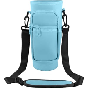 A drink bottle carrier bag in light blue, featuring a phone pocket and adjustable straps. It has a logo on it.