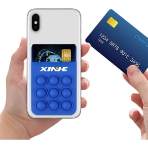 A blue silicone phone wallet featuring bubbles, holding a card, attached to a mobile phone.
