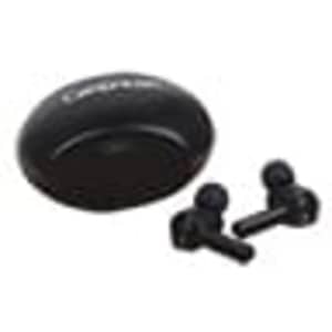 Luxury round true wireless earbuds in black, accompanied by a matching charging case that features a logo.