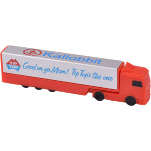 A truck-shaped flash drive in orange and grey, featuring a logo and promotional text on the side.
