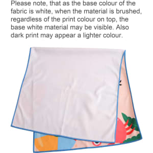 A microfibre beach towel featuring a colourful print, bordered with blue, with a white base fabric.