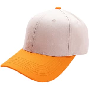 A six-panel adjustable baseball cap featuring a cream crown and orange peak. It has a logo on the front.