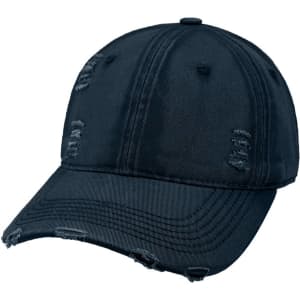 A vintage baseball cap in dark navy with a distressed design and a curved brim. It has a logo on the front.
