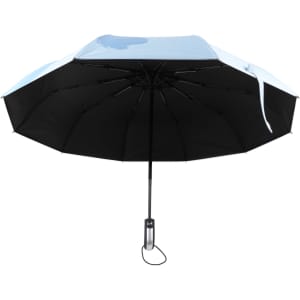 A folding ten-panel umbrella with a light blue canopy and a black underside, featuring a sleek handle with a logo.