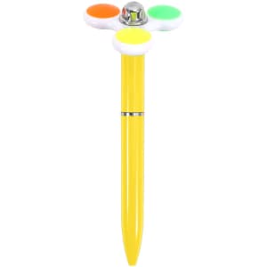 A fidget pen in bright yellow with three colourful fidget buttons: orange, green, and white. It features a logo.