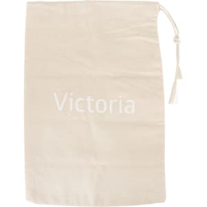 A small cream cotton produce bag with a drawstring closure and tassel detail, featuring a logo.