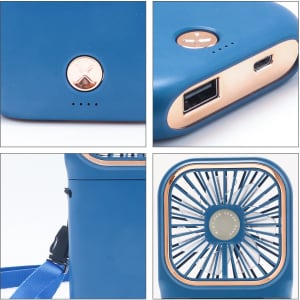 A folding neck fan in blue with a phone stand feature, featuring a USB port and a stylish button.
