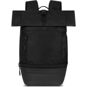 A black roll-top backpack with adjustable straps and a zippered pocket at the front. It features a logo.