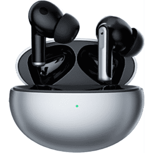 Wireless earbuds in black with a silver charging case, featuring a logo on the case.