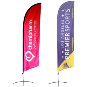 Two angled feather banners, one in pink and the other in purple, with branding on each.