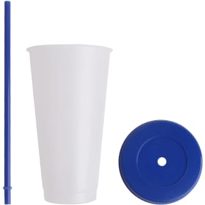 A drink cup with a white body, blue lid, and blue straw, featuring a logo on the lid.