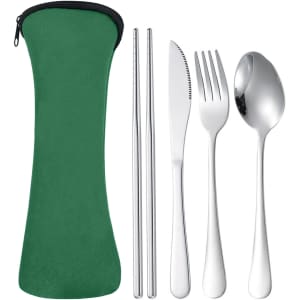 A green travel cutlery set featuring stainless steel chopsticks, knife, fork, and spoon in a matching case.