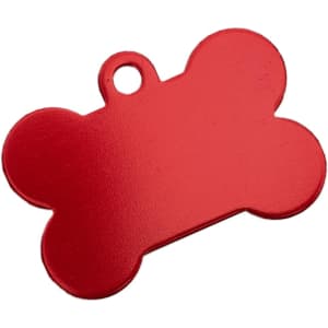 A red bone-shaped pet ID tag with a hole for attachment. Features a smooth, shiny surface.