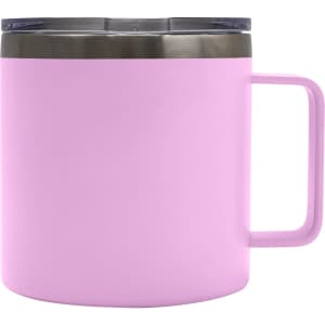 A pink 450ML RCS recycled stainless steel office coffee cup with a dark lid and a sturdy handle.