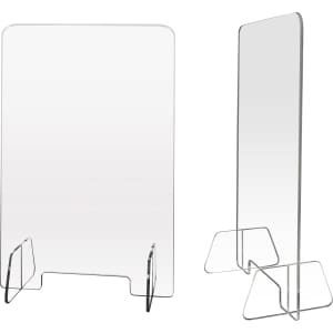 A transparent personal protection screen with a clear design and two supporting stands, suitable for events.