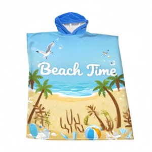 A hooded poncho towel in blue and cream, featuring a beach scene with palm trees and the text "Beach Time."