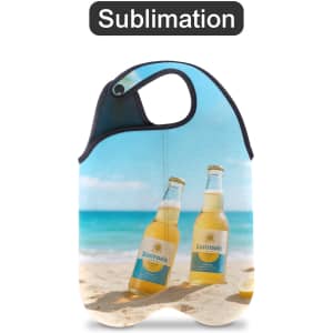 A drink bottle cooler in blue with a snap handle, featuring two bottles against a beach background and a logo.