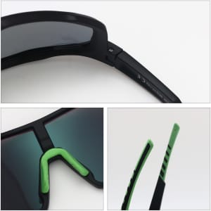 Classic sport glasses featuring a black frame and green accents, showcasing the arms and nose piece design.