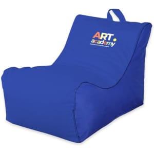 A blue outdoor chair with a logo. It features a soft, bean bag-like design for comfort.