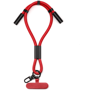 A red charging phone strap with black connectors and a clip, designed for easy portability and use.