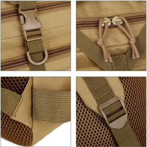 A tactical backpack in tan colour features adjustable straps, zippers, and mesh detailing. It includes attachment points.