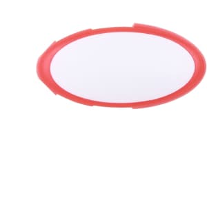 An oval swivel flash drive in red with a white surface, featuring a logo.