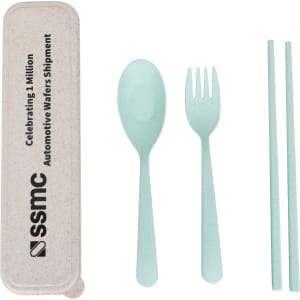 A portable utensil set in mint green featuring a spoon, fork, and chopsticks, housed in a beige case with a logo.