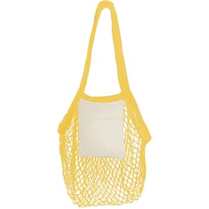 A yellow mesh tote bag with a cream-coloured pocket, featuring a logo on the side.