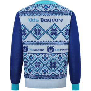 A blue and light blue unisex acrylic cotton jacquard sweater featuring a patterned design. It has a logo on the back.