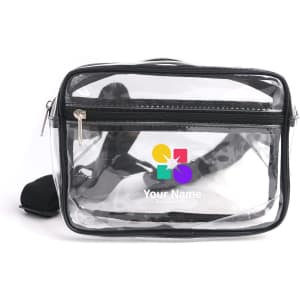 A clear fanny pack with black trim and an adjustable strap, featuring a logo on the front.