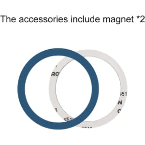 Two circular accessories, one navy blue and one silver, designed for use as magnets. Each has a distinct design on the surface.
