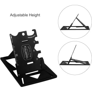 A black multi-function phone stand with adjustable height features, displaying a graphic design.