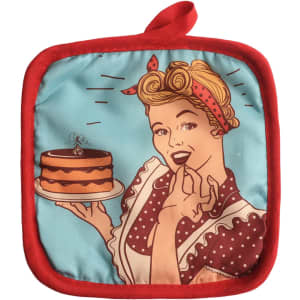A medium quilted pot holder featuring a retro design with a woman holding a cake, in blue and red colours.