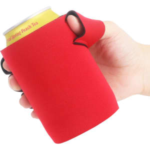 A drink bottle holder in bright red, featuring two handles for easy gripping.